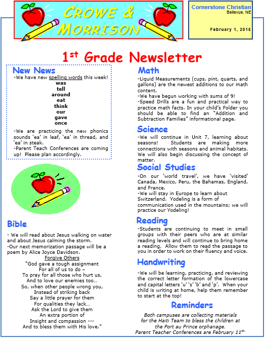 February 1st Newsletter_First Grade